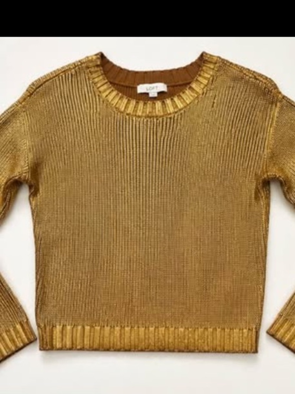 LOFT Shimmery Gold Ribbed Crewneck Sweater
